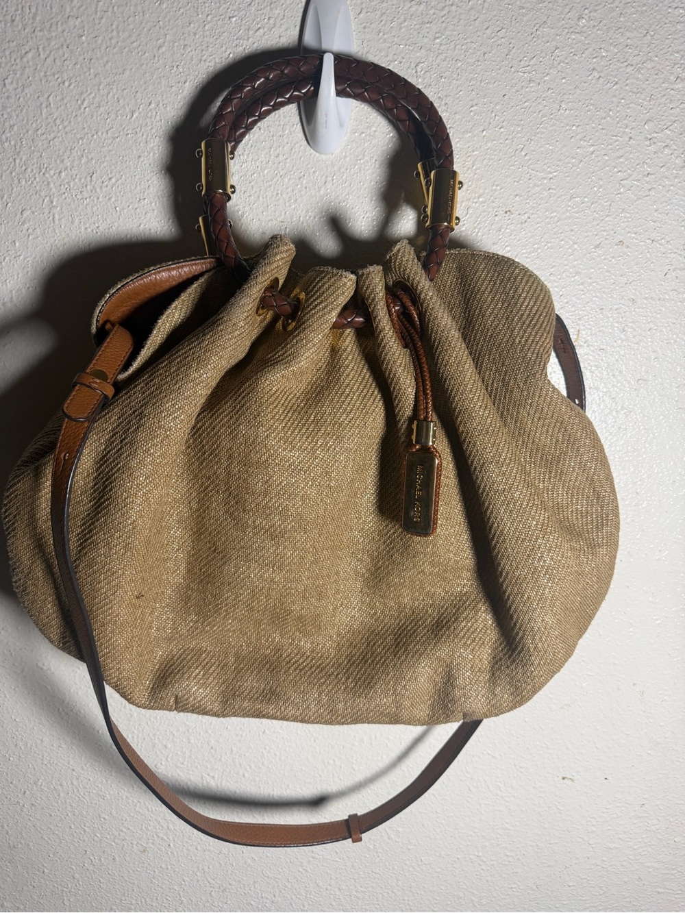 Michael Kors Beige Drawstring Shoulder Bag with Brown Braided Handles